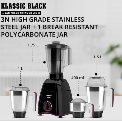 Havells Klassic 750 Watt 4 Jar Mixer Grinder, 21000 RPM Heavy Duty Universal Motor, 304 SS Blades, Large Size Break Resistant JarLids With Twist & Lock Mechanism- Black - Image 2